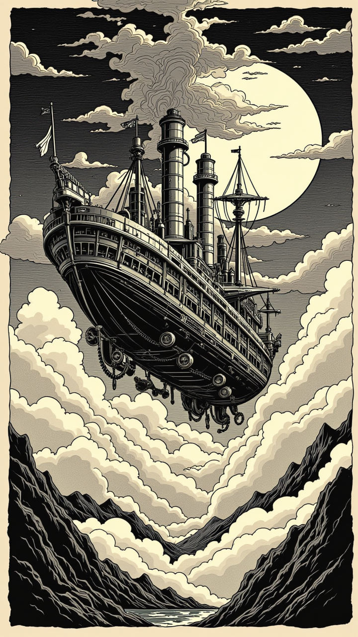 in the style of jedffd, A steampunk airship sailing over volcanic clouds, painted in classic romanticism landscape style combined with comic book heavy ink outlines, rich emotional skies contrasted with bold crisp paneling, <lora:Dreamfract-000007:1>