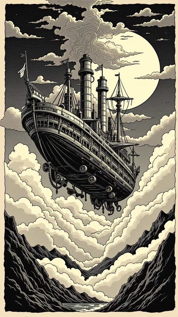 in the style of jedffd, A steampunk airship sailing over volcanic clouds, painted in classic romanticism landscape style combined with comic book heavy ink outlines, rich emotional skies contrasted with bold crisp paneling, <lora:Dreamfract-000007:1>