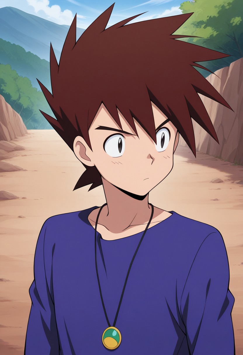 masterpiece,best quality,amazing quality, source_anime, 
gary_kanto, 1boy, male focus, solo, black eyes, brown hair, spiked hair, shirt, purple shirt, jewelry, necklace, 
outdoor,