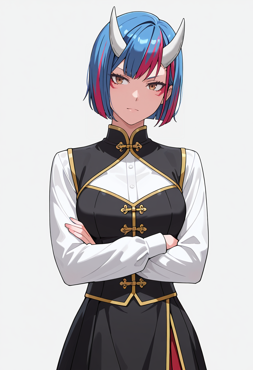 Smooth Quality,masterpiece,very intricate, high quality details, ultra realistic, high detailed skin,detailed enviorement,absurdres,
simple background, white background,
standing, arms crossed, head tilt, serious, balanced stance, confident,  ,dutch angle,naughty face,
gothic blouse,  ,zip-up vest,  ,cheongsam skirt,   ,
 <lora:Gobwa_cnn:0.8> gobwacnn,1girl, short hair,blue hair, multicolored hair, facial mark, streaked hair,white horns, brown eyes,
