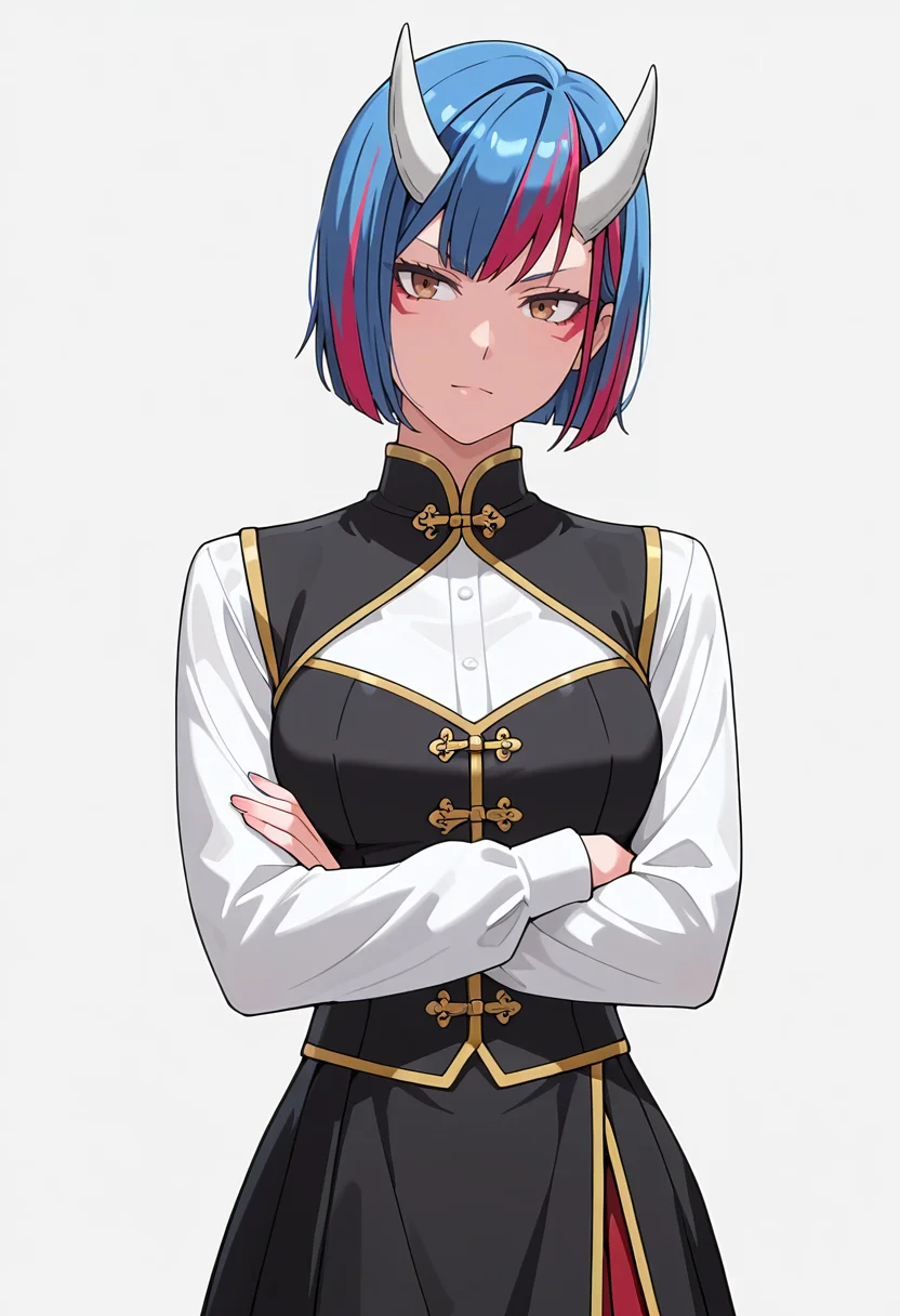 Smooth Quality,masterpiece,very intricate, high quality details, ultra realistic, high detailed skin,detailed enviorement,absurdres,
simple background, white background,
standing, arms crossed, head tilt, serious, balanced stance, confident, ,dutch angle,naughty face,
gothic blouse, ,zip-up vest, ,cheongsam skirt, ,
<lora:Gobwa_cnn:0.8> gobwacnn,1girl, short hair,blue hair, multicolored hair, facial mark, streaked hair,white horns, brown eyes,