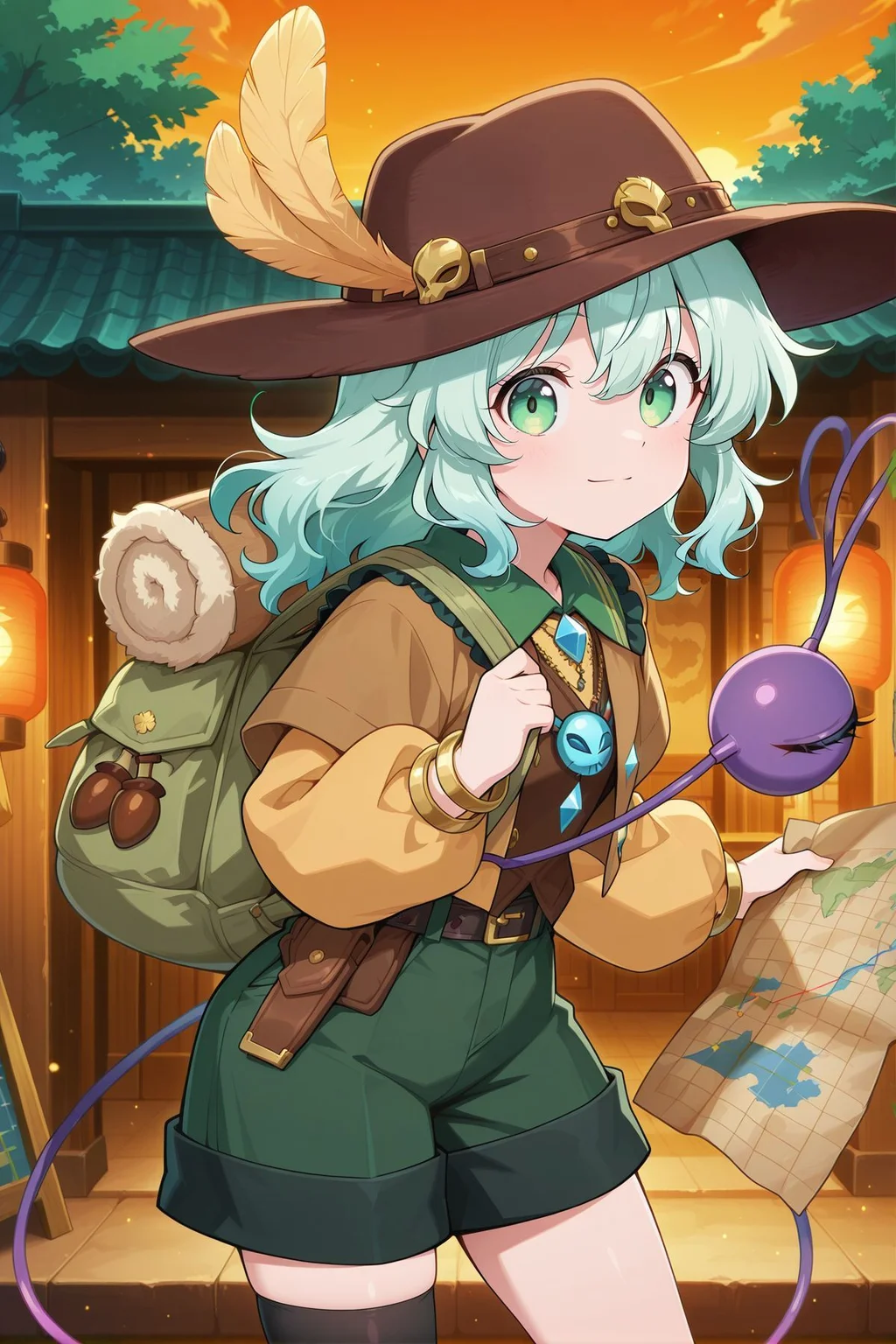 absurdres, highres, masterpiece, best quality, amazing quality, official anime artwork, screencap, anime screencap, outdoors, looking at viewer, light smile, dynamic pose, 
 <lora:Komeiji-Koishi_IllustriousV2:1>  komeiji koishi, 1girl, solo, green eyes, aqua hair, long hair, third eye, heart of string,, komeiji koishi \(adventurer beyond awareness\), alternate costume, alternate headwear, brown hat, hat feather, hair ornament, backpack, necklace, skull pendant, blue pendant, brown vest, collared shirt, yellow shirt, long sleeves, belt, green shorts, asymmetrical legwear, single kneehigh, brown boots, bangle, bracelet, four-leaf clover, acorn, leaf, lantern, magnifying glass, map, mask,