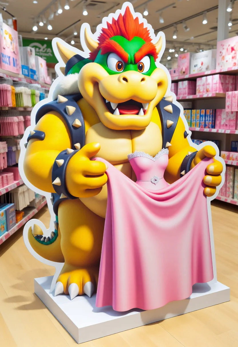 <lora:Cardboard_Cutout_Creator_FLUX-000021:0.9>
The image is a photograph taken in a retail environment, likely a store or a pop culture merchandise shop. The main subject is a large, life-size cardboard cutout of Bowser from the Super Mario Series, holding a pink wedding dress, standing on a light wooden floor.