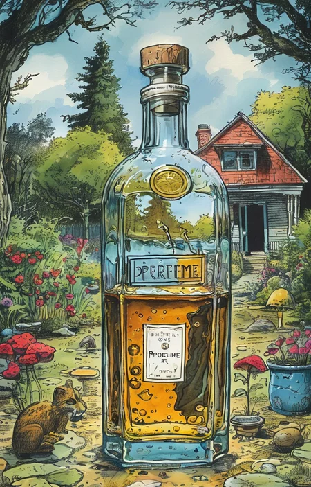 masterpiece,best quality,<lora:tbh279-sdxl:0.9>,illustration,style of Rob Rogers A bottle of perfume in garden