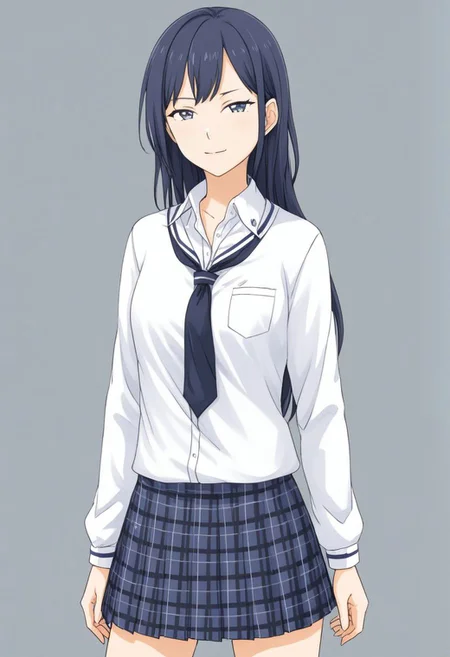 masterpiece, best quality,
kd_vnstyle
1girls,
school uniform,
white shirt, long sleeves,
skirt, plaid skirt,