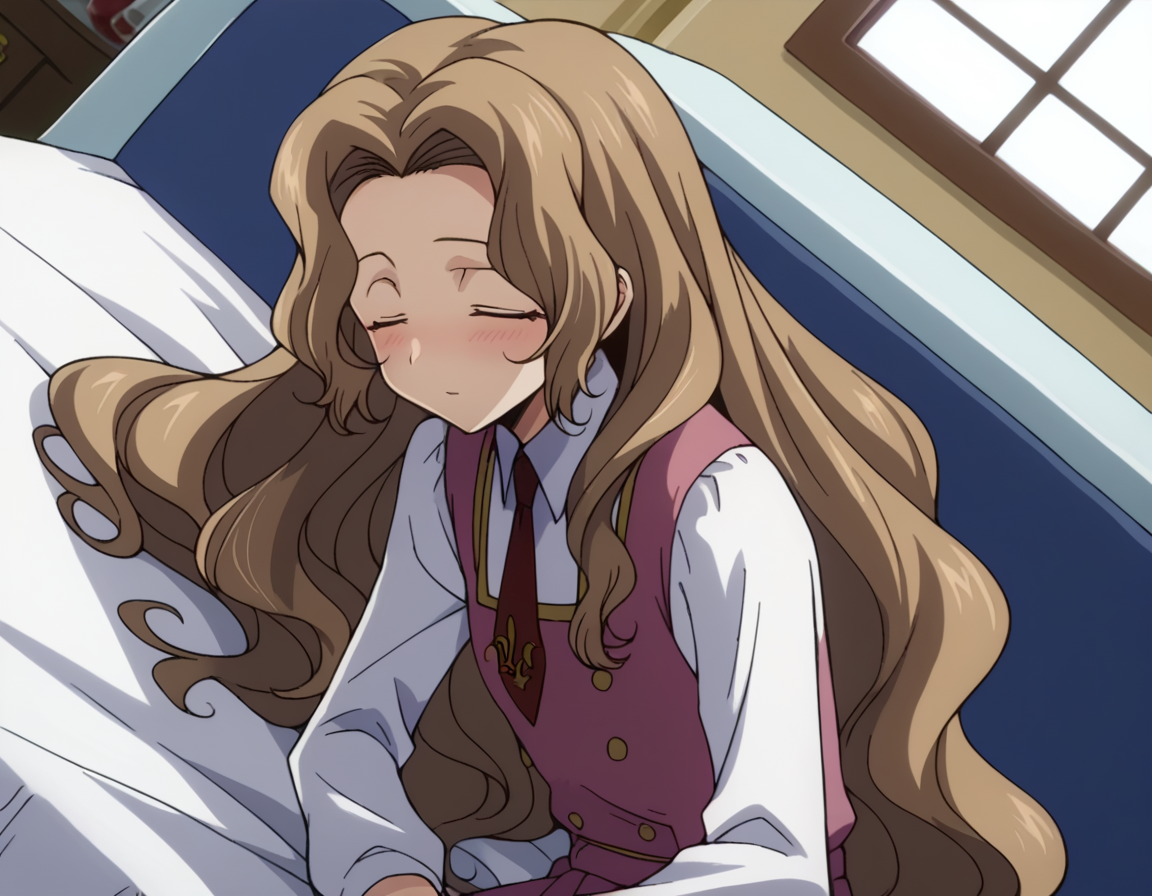 score_9, score_8_up, score_7_up, source_anime,
nunnallylamperouge, <lora:nunally-lamperouge-s1-ponyxl-lora-nochekaiser:1>,
nunnally lamperouge, long hair, brown hair, very long hair, closed eyes,
long sleeves, dress, school uniform, necktie, red necktie, ashford academy school uniform,
indoors, bed, bed room, on side, blush, drunk,
looking at viewer, dutch angle, cowboy shot, solo,