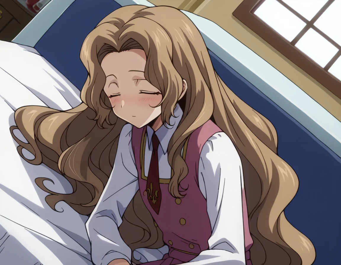score_9, score_8_up, score_7_up, source_anime,
nunnallylamperouge, <lora:nunally-lamperouge-s1-ponyxl-lora-nochekaiser:1>,
nunnally lamperouge, long hair, brown hair, very long hair, closed eyes,
long sleeves, dress, school uniform, necktie, red necktie, ashford academy school uniform,
indoors, bed, bed room, on side, blush, drunk,
looking at viewer, dutch angle, cowboy shot, solo,