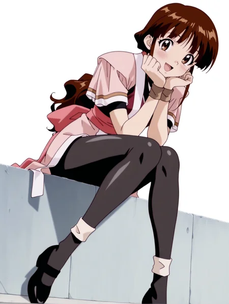 masterpiece,best quality,newest,
1girl,solo,
anime screencap,<lora:yume_ilxl_v1.0:1>,yume,brown hair,brown eyes,low ponytail,y_clothes,short_sleeves,black_pantyhose,bandaged legs,black footwear,
<lora:Fixhands_anime_bdsqlsz_V1:1>,open mouth,smile,:d,sitting,blush,simple background,white background,looking_at_viewer,