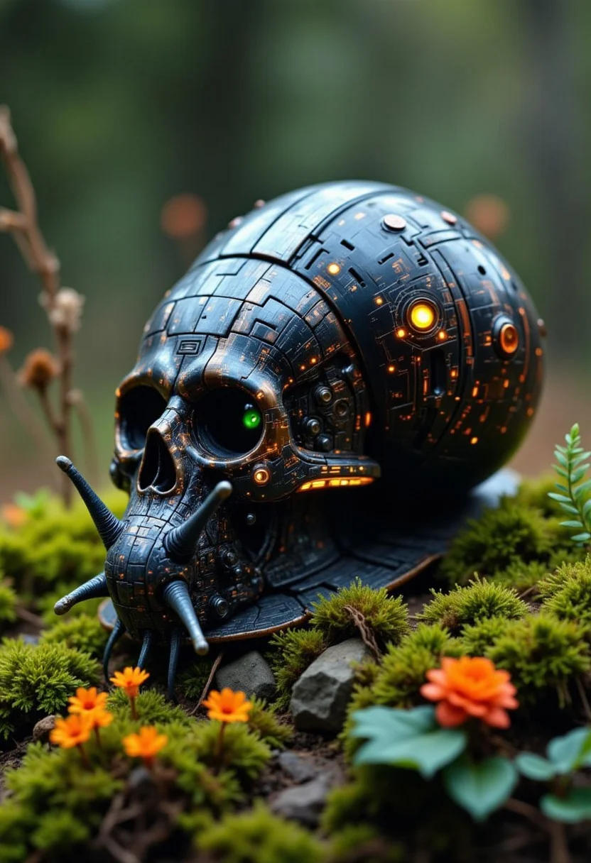 A close up of a snail with a cyborg skull shell, mossy, flowers, colorful, sparkling, cyborg snail robot