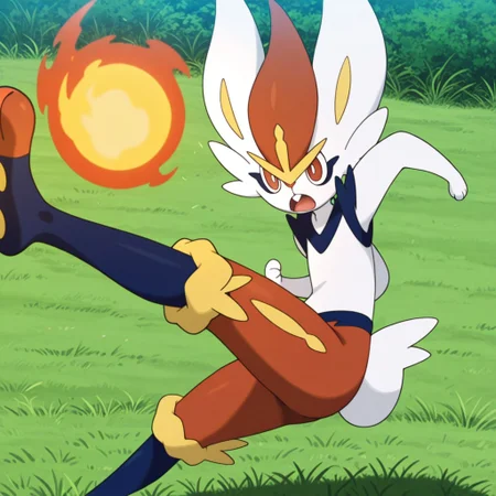 masterpiece, best quality, amazing quality, cinderace, furry, anthro, solo, pokemon (creature), white fur, red fur, blue fur, three-tone fur, red hair tuft, yellow eyebrows, red eyes, white pupils, blue underlines, orange nose, long ears, yellow knee tufts, rabbit tail, paw pads, kicking a fireball, open mouth, serious, pose, dynamic, outdoors, grass