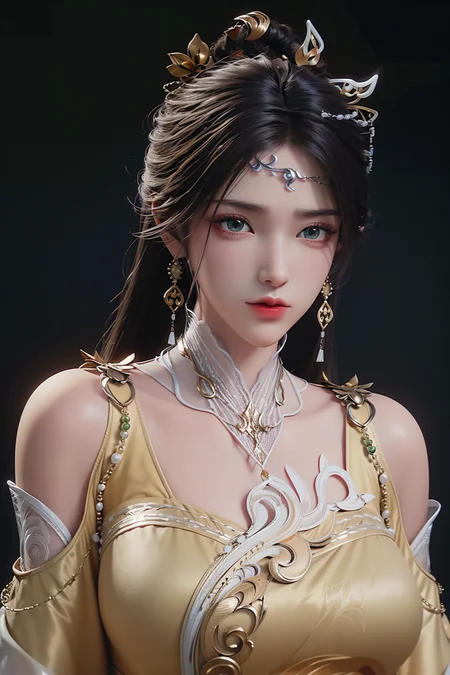 <lora:jinpinger:1>,jinpinger,1girl,hair ornament,jewelry,earrings,solo,black hair,forehead mark,facial mark,long hair,looking at viewer,dress,yellow dress,closed mouth,upper body,(simple background:1.3),bare shoulders,beads,(black background:1.3),, best quality , masterpiece, illustration, an extremely delicate and beautiful, extremely detailed ,CG,unity,8k wallpaper, Amazing, finely detail, masterpiece, best quality,official art,extremely detailed CG unity 8k wallpaper,absurdres, incredibly absurdres, huge filesize , ultra-detailed, highres, extremely detailed,beautiful detailed girl, extremely detailed eyes and face, beautiful detailed eyes,light on face,