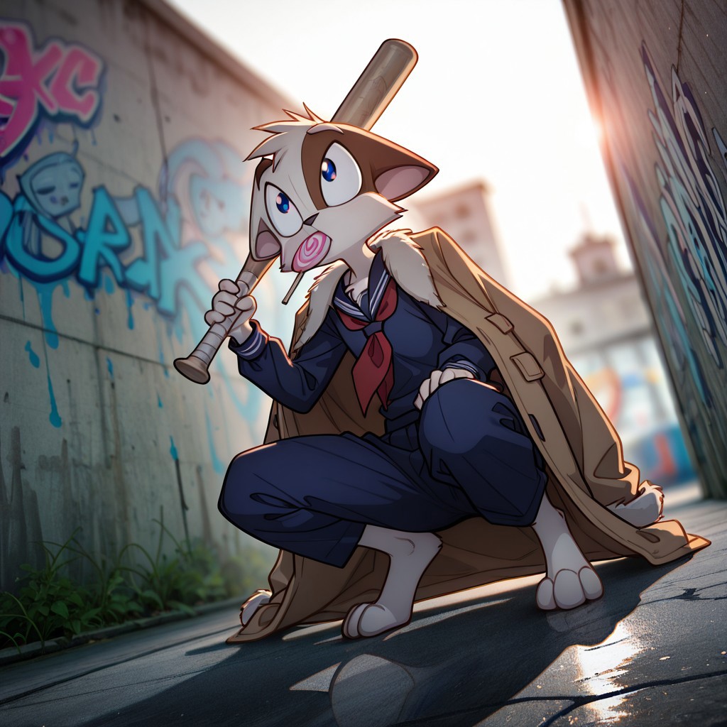 Mace, masterpiece,best quality,amazing quality,newest,absurdres,highres, newest,very awa,  anime,
(dutch angle), from side, from below,
head tilt,
navy serafuku, eating pink lollipop, holding baseball bat, baseball bat rest on shoulder,coat jacket over shoulders,
squatting,
urban, graffiti, wall,
depth of field,volumetric light,(blurry background:1.5),photo background,  ,shadow, chromatic aberration, bokeh,backlighting,reflection,