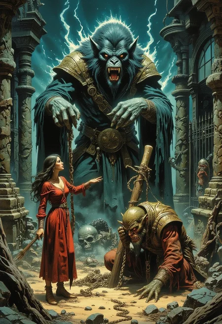 Comic book style 8k high quality digital painting , masterpiece, very detailed, ultra realistic, (best quality) very detailed epic masterpiece, a beautiful girl is reprimanding a fierce werewolf-ape-like monster, silencing the monster, shouting angry at the monster, standing very tall, pointing demeaningly at him, the monster is ducking down to the ground, chained to a big stake in the ground, cowering at the ground, afraid of the girl, cringing, an old mansion in the background, iron fence, funny scene, scary scene, action, scary, best quality, epic scene, Dungeons and dragons atmosphere, heroic fantasy, fna_style, Comic book style
