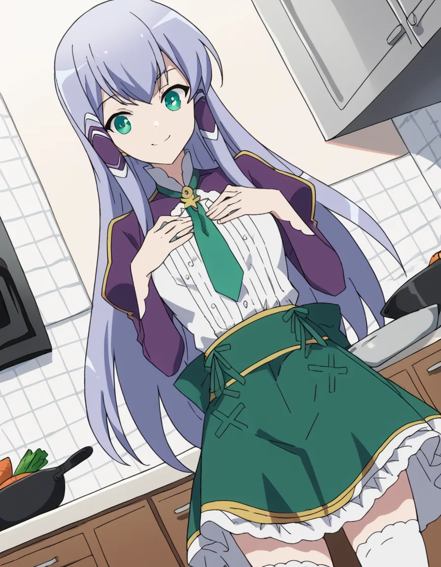 score_9, score_8_up, score_7_up, source_anime, <lora:elze-silhoueska-s2-ponyxl-lora-nochekaiser:1>, elze silhoueska, long hair, blue eyes, green eyes, blue hair, aqua eyes, hair tubes,, skirt, thighhighs, white thighhighs, puffy sleeves, white shirt, necktie, green necktie, purple sleeves, green skirt, frilled skirt, kitchen, cooking, apron, cutting vegetables, home cooking, smile, hands on own chest,, looking at viewer, solo,, dutch angle, cowboy shot