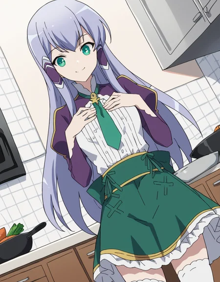 score_9, score_8_up, score_7_up, source_anime, <lora:elze-silhoueska-s2-ponyxl-lora-nochekaiser:1>, elze silhoueska, long hair, blue eyes, green eyes, blue hair, aqua eyes, hair tubes,, skirt, thighhighs, white thighhighs, puffy sleeves, white shirt, necktie, green necktie, purple sleeves, green skirt, frilled skirt, kitchen, cooking, apron, cutting vegetables, home cooking, smile, hands on own chest,, looking at viewer, solo,, dutch angle, cowboy shot