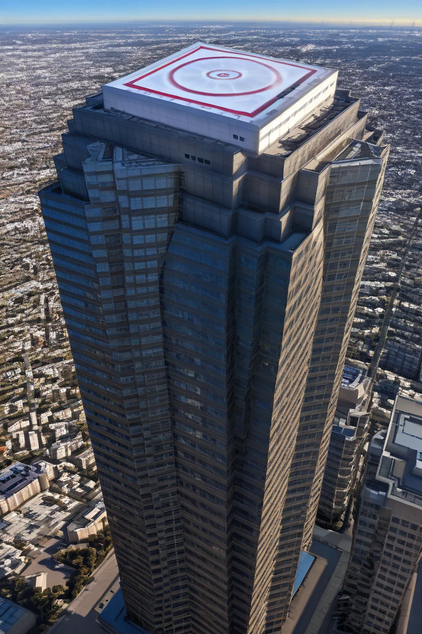 masterpiece, best quality, realistic, zzNakatomi, no humans, window, from above, city, road, cityscape, top, from above, helicopter pad ,<lora:NakatomiIXL:1.0>,
