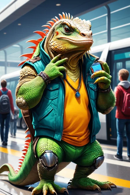 Detailed digital illustration of an anthro Iguana (Blowing a kiss, sweet gesture) at a Crowded hoverbus terminal with robotic ticket dispensers, <lora:xl_more_art-full_v1:0.5>,  <lora:anthro_muscular:0.7> , <lora:madpunk:0.4> madpunk