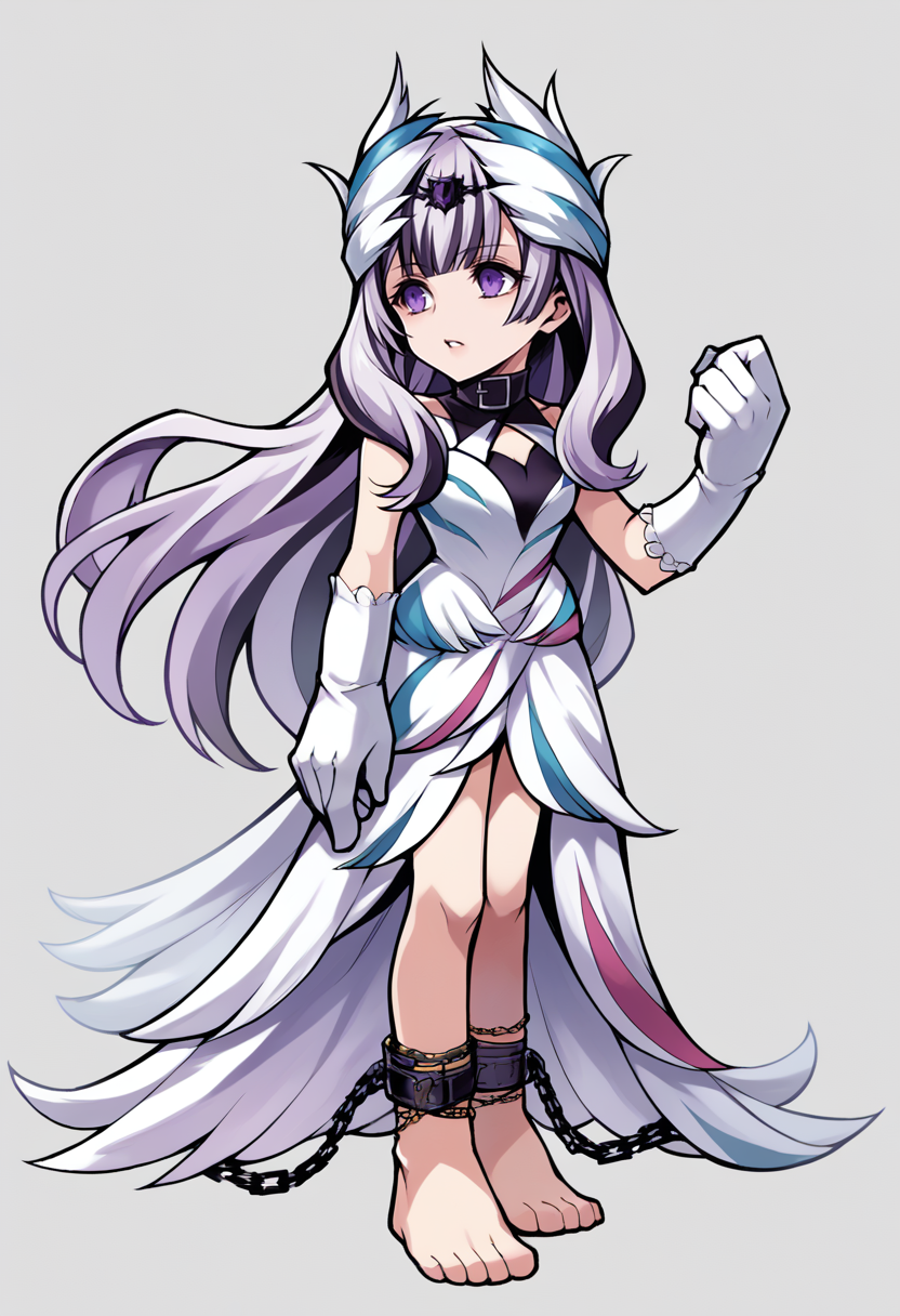 score_9, score_8_up, score_7_up, source_anime, BREAK 1girl, solo, parted lips, <lora:zs_OperaOmniaStyleXL:1> operaomniastyle, full body, white background, <lora:VeyleFE-pdxl:1> defVeyl, purple eyes, long hair, multicolored hair, feather hair ornament, choker, white elbow gloves, feather dress, sleeveless, ankle cuffs, barefoot