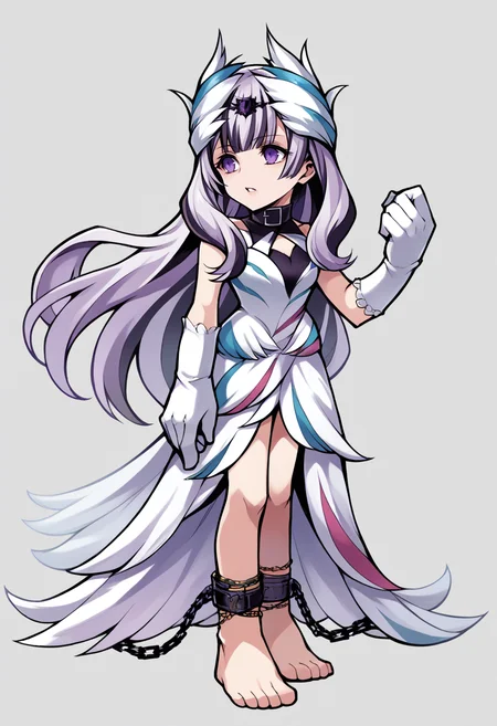 score_9, score_8_up, score_7_up, source_anime, BREAK 1girl, solo, parted lips, <lora:zs_OperaOmniaStyleXL:1> operaomniastyle, full body, white background, <lora:VeyleFE-pdxl:1> defVeyl, purple eyes, long hair, multicolored hair, feather hair ornament, choker, white elbow gloves, feather dress, sleeveless, ankle cuffs, barefoot
