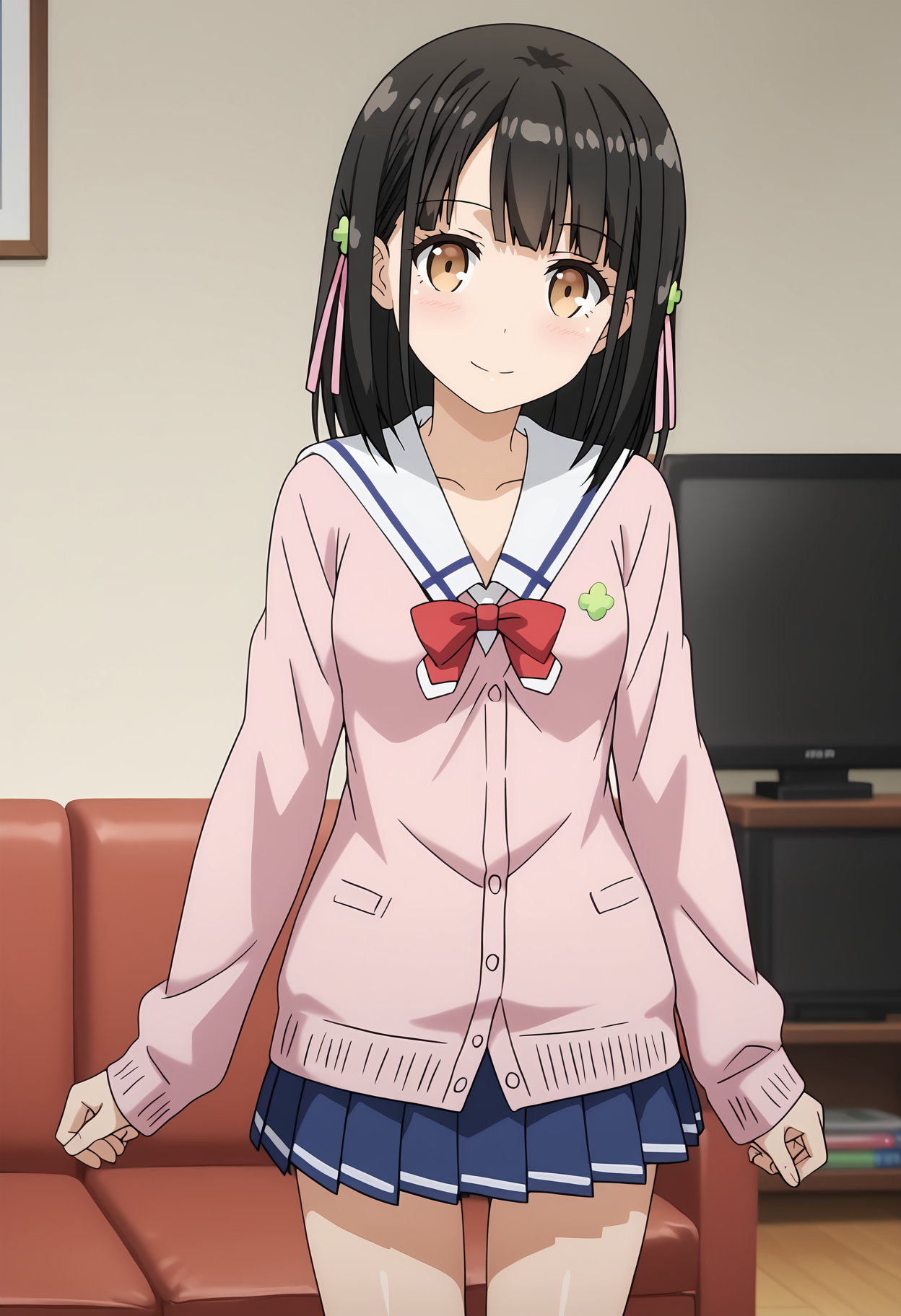 anime screencap,
<lora:OneRoom_HanasakaYuiXL:0.9>, HanasakaYui,
1girl, solo, closed mouth, light smile, head tilt,
medium hair, black hair, blunt bangs, brown eyes, clover hair ornament, hair ribbon,
YuiSchool, white sailor collar, pink cardigan, four-leaf clover, red bow, long sleeves, pleated skirt, blue skirt,
thigh gap, cowboy shot, standing, looking at viewer,
television, couch, bookshelf, indoors