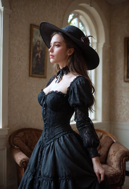score_9, score_8_up, score_7_up, (masterpiece, best quality, ultra-detailed, realistic), a Victorian-era gothic woman standing elegantly, (wearing a wide-brimmed black hat:1.2), long flowing Victorian dress with intricate lace details and a (tight corset:1.1), pale skin, all-black clothing, dark and mysterious atmosphere, her expression calm yet haunting, standing in front of a dimly lit Victorian mansion, high contrast between her pale skin and dark attire, 8k resolution, cinematic lighting, medium shot, detailed face and fabric, side view, gothic elegance, eerie mood