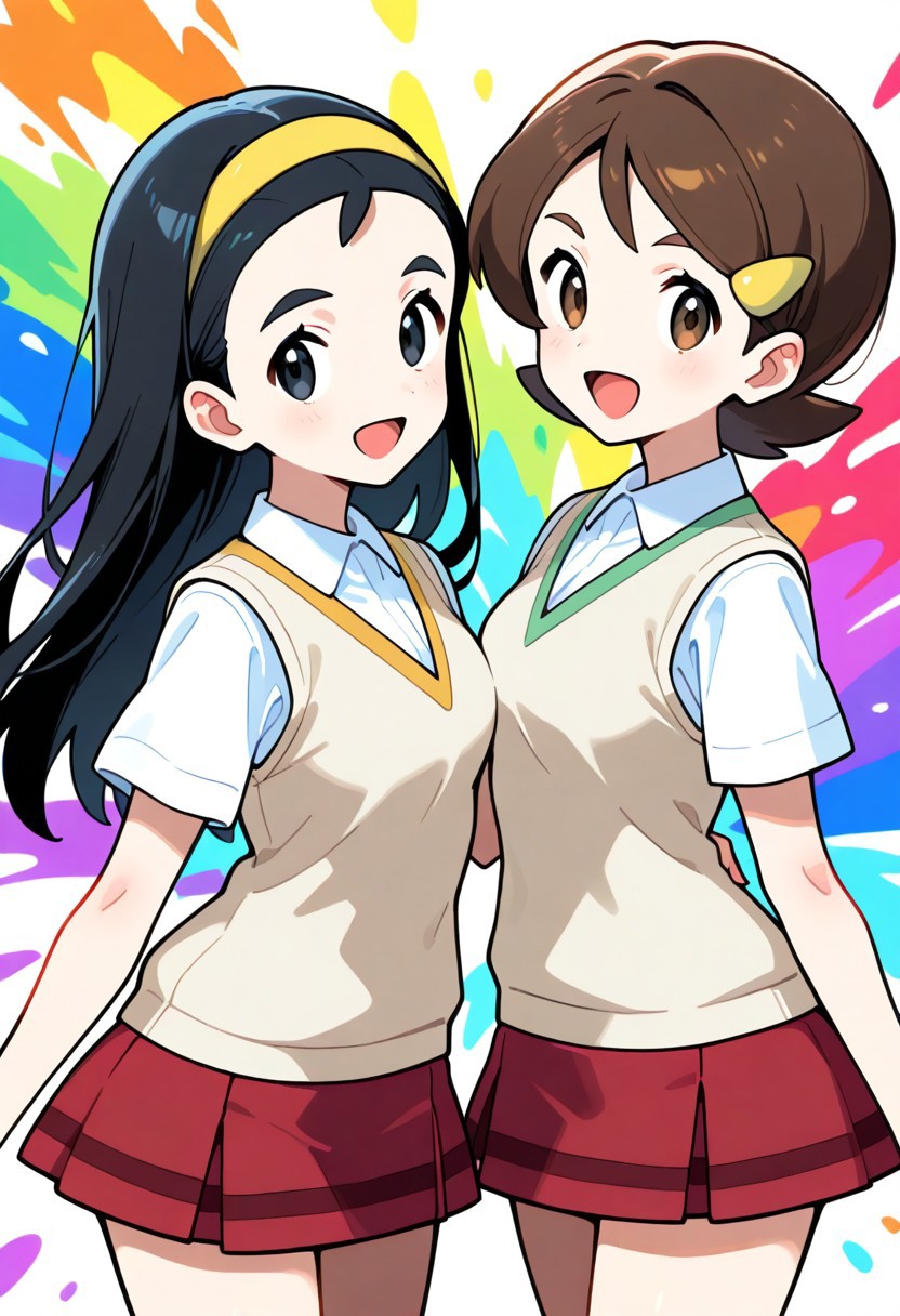 2d, masterpiece, best quality, amazing quality, highres, absurdres, newest, 2girls, standing, smile, open mouth, cowboy shot, upper body, colorful background, multicolored background, color splashes, teammates \(pokemon\), senpai, long hair, black hair, black eyes, hairband, kohai, short hair, brown hair, hairclip, brown eyes, collared shirt, short sleeves, beige sweater vest, red skirt, miniskirt
