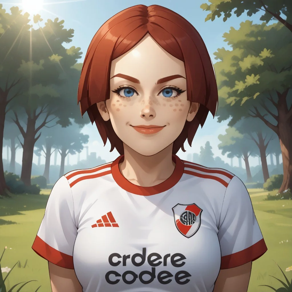 score_9, score_8, BREAK, solo, wii, mii, female mii, wii sports, 1girl, blue eyes, dark red hair, dark red eyebrows, lips, freckles, RiverPlate, striped shirt, striped, shirt, white shirt, short sleeves, clothes writing, sportswear, soccer uniform, nintendo mii, modern_mii, classic_mii, breasts, Giovanna_(Wii_Sports), adult female, mature female, sexy pose, self portrait, smile, outdoors, sunlight, shadows, evening lighting, natural lighting, forest, trees, grass, orange sky, sunset