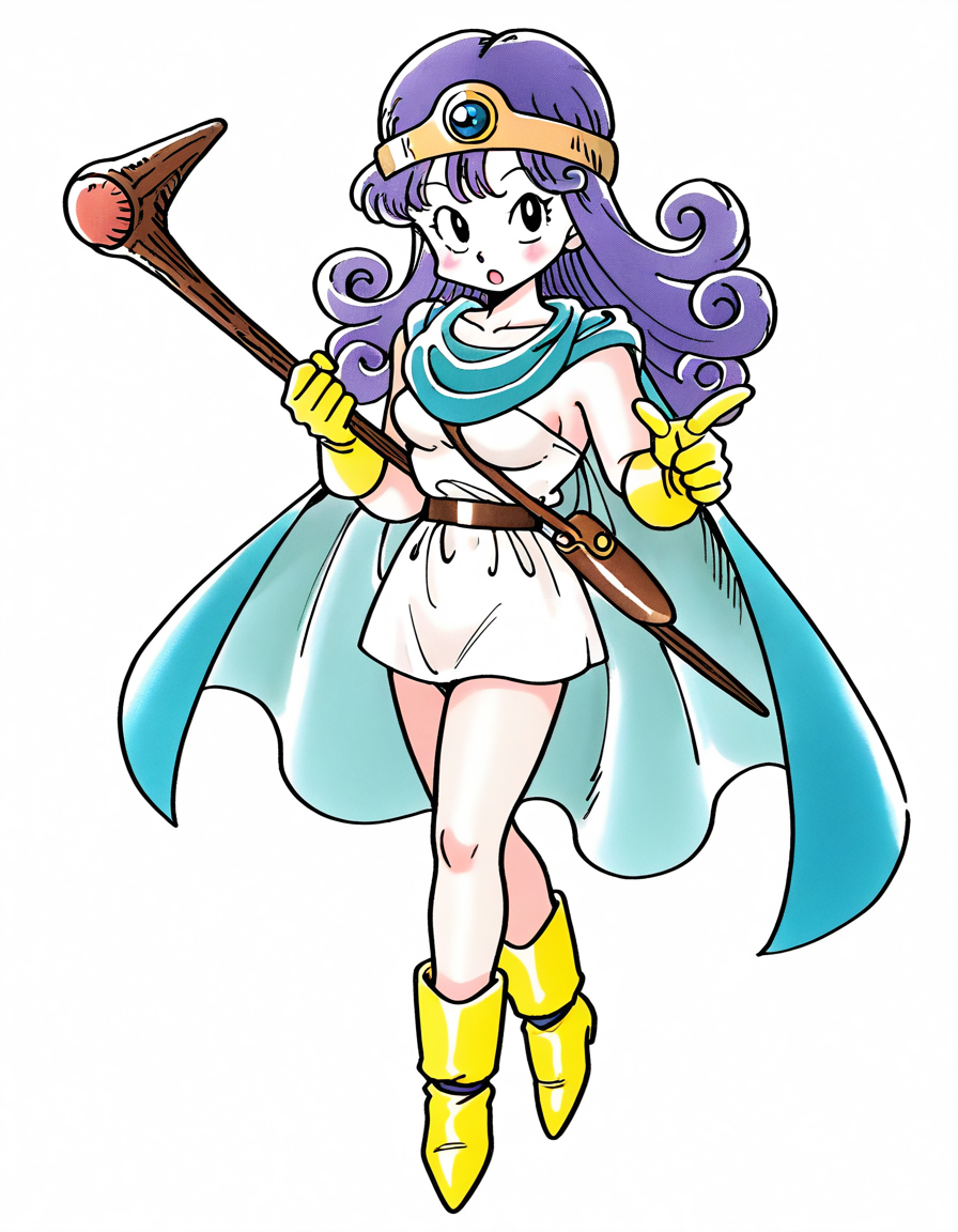 general,highres, ultra-detailed,very aesthetic,best quality ,best hands,  BREAK  <lora:Sage_DQâ¢_FC_IS:1>
Sage_DQâ¢_FC, 1girl,black eyes, long hair, blue hair,  purple hair, sage (dq3), breasts, curly hair, 1990s (style), 
solo, cape, boots, yellow gloves, staff, yellow footwear, dress, holding, open mouth, circlet, looking at viewer, :o, holding staff, pointing, 
white dress, blue cape, belt, short dress, full body, collarbone, blush, standing, index finger raised