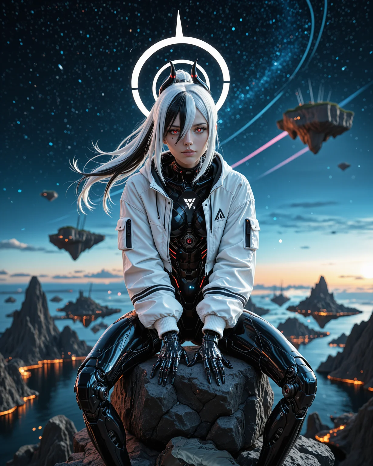 masterpiece, best quality, good quality, very aesthetic, absurdres, newest, 8K, film grain, photorealistic, neon glow, (floating island, starry sky:0.9), angular, sleek, scenery, futuristic, science fiction, cyberpunk, aidmaFLuxPro1.1, aidmaImageUpgrader BREAK young 1girl, [(kayoko_\(blue_archive\):0.99):(kayoko_\(blue_archive\):0.6):0.5], cyborg, robot girl, mechanical body, open cropped jacket, white jacket, parted lips, (light smile:0.7), white halo, head tilt, (sitting:0.4), (dynamic pose:1.0), barcode tattoo, streaked hair, white hair, black ponytail, (horns:0.9), hair between eyes, red eyes, white pupils, glamour <lora:aidmaFLuxPro1.1-IL-v0.3:0.3> <lora:- iLL - the_edgy_mech_V3.0:0.4> <lora:aidmaImageUpgrader-v0.3-IL:0.3> <lora:aidmaMJ6.1_v0.5_IL:0.15> <lora:Mechanism-Illustious:0.2> <lora:RealisticIL-000001:0.1>