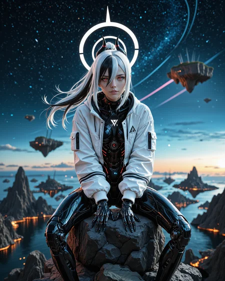 masterpiece, best quality, good quality, very aesthetic, absurdres, newest, 8K, film grain, photorealistic, neon glow, (floating island, starry sky:0.9), angular, sleek, scenery, futuristic, science fiction, cyberpunk, aidmaFLuxPro1.1, aidmaImageUpgrader BREAK young 1girl, [(kayoko_\(blue_archive\):0.99):(kayoko_\(blue_archive\):0.6):0.5], cyborg, robot girl, mechanical body, open cropped jacket, white jacket, parted lips, (light smile:0.7), white halo, head tilt, (sitting:0.4), (dynamic pose:1.0), barcode tattoo, streaked hair, white hair, black ponytail, (horns:0.9), hair between eyes, red eyes, white pupils, glamour <lora:aidmaFLuxPro1.1-IL-v0.3:0.3> <lora:- iLL - the_edgy_mech_V3.0:0.4> <lora:aidmaImageUpgrader-v0.3-IL:0.3> <lora:aidmaMJ6.1_v0.5_IL:0.15> <lora:Mechanism-Illustious:0.2> <lora:RealisticIL-000001:0.1>