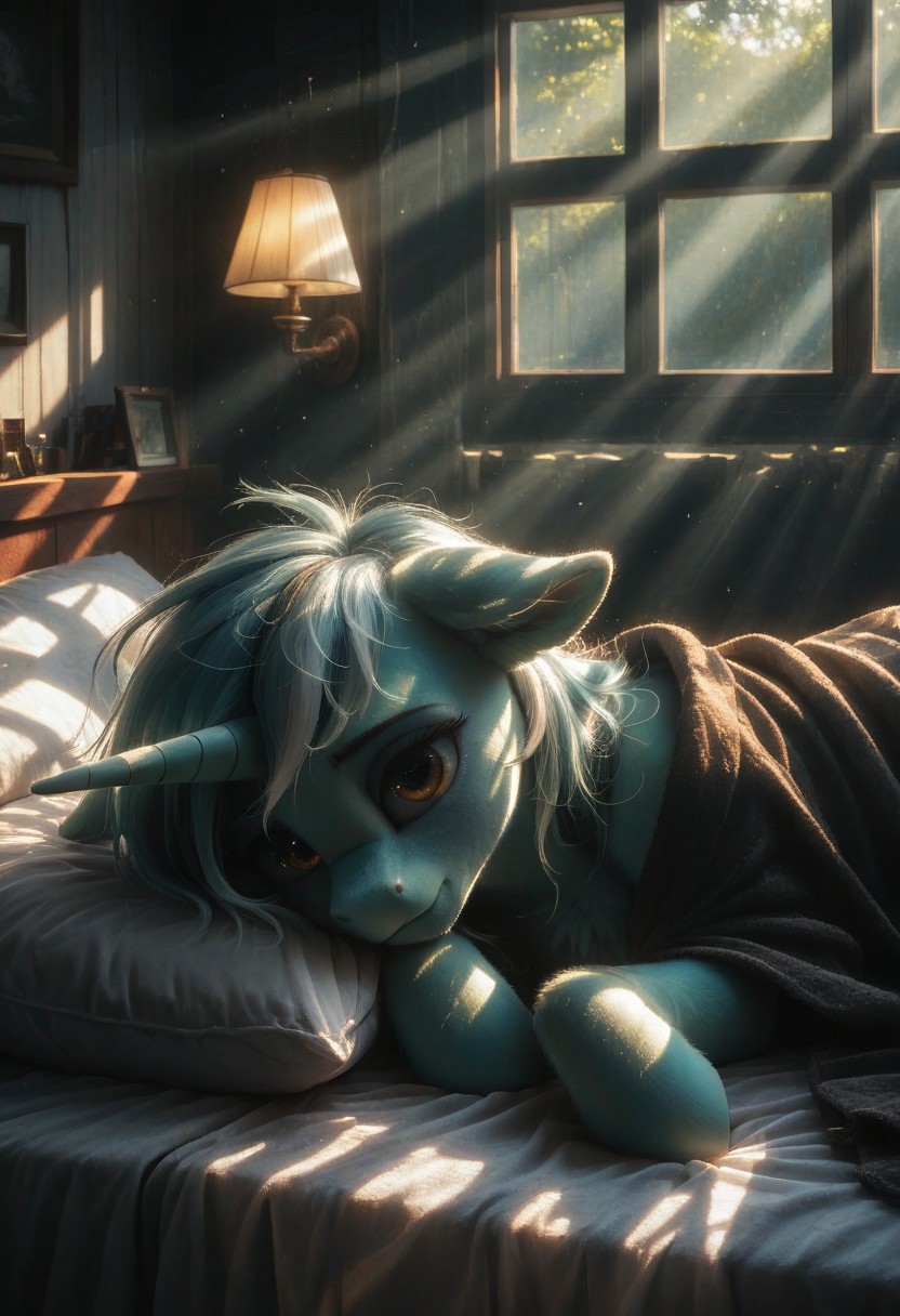 score_9, score_8_up,
score_7_up, score_6_up
score_5_up, score_4_up, sexy, source pony, unicorn, solo, indoors, Lyra Heartstrings, halfbody,  lying down, close eyes,  peaceful face ,  floppy ears, fur, fluff, cute, ear fluff, chest fluff. Bedroom,  lie on bed, covered with a blanket, night, darkness, window, nightstand. One light source, volumetrik lightning, bright colors, cold light,  cold tones. High detailed, scenery porn, high res, high quality, high detailed backround.