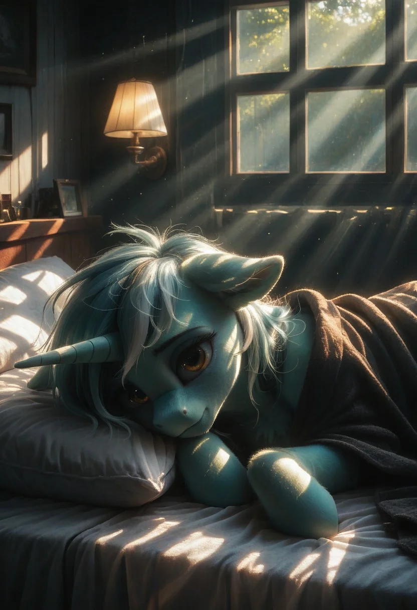 score_9, score_8_up,
score_7_up, score_6_up
score_5_up, score_4_up, sexy, source pony, unicorn, solo, indoors, Lyra Heartstrings, halfbody, lying down, close eyes, peaceful face , floppy ears, fur, fluff, cute, ear fluff, chest fluff. Bedroom, lie on bed, covered with a blanket, night, darkness, window, nightstand. One light source, volumetrik lightning, bright colors, cold light, cold tones. High detailed, scenery porn, high res, high quality, high detailed backround.