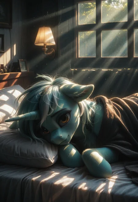 score_9, score_8_up,
score_7_up, score_6_up
score_5_up, score_4_up, sexy, source pony, unicorn, solo, indoors, Lyra Heartstrings, halfbody,  lying down, close eyes,  peaceful face ,  floppy ears, fur, fluff, cute, ear fluff, chest fluff. Bedroom,  lie on bed, covered with a blanket, night, darkness, window, nightstand. One light source, volumetrik lightning, bright colors, cold light,  cold tones. High detailed, scenery porn, high res, high quality, high detailed backround.