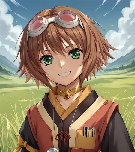 score_9, score_8_up, score_7_up, score_6_up, score_5_up, score_4_up, BREAK source_anime,
1girl, solo, <lora:RitaMordio:0.9>, Rita Mordio, green eyes, brown hair, short hair, flat chest, goggles on head, choker, red dress, black sleeves, fingerless gloves, single leg pantyhose, asymmetric legwear, boots,
outdoors, grass, field, sky, clouds,
looking at viewer, smile, upper body, portrait
<lora:piroponyv3:1>, <lora:Chocochip:1>,