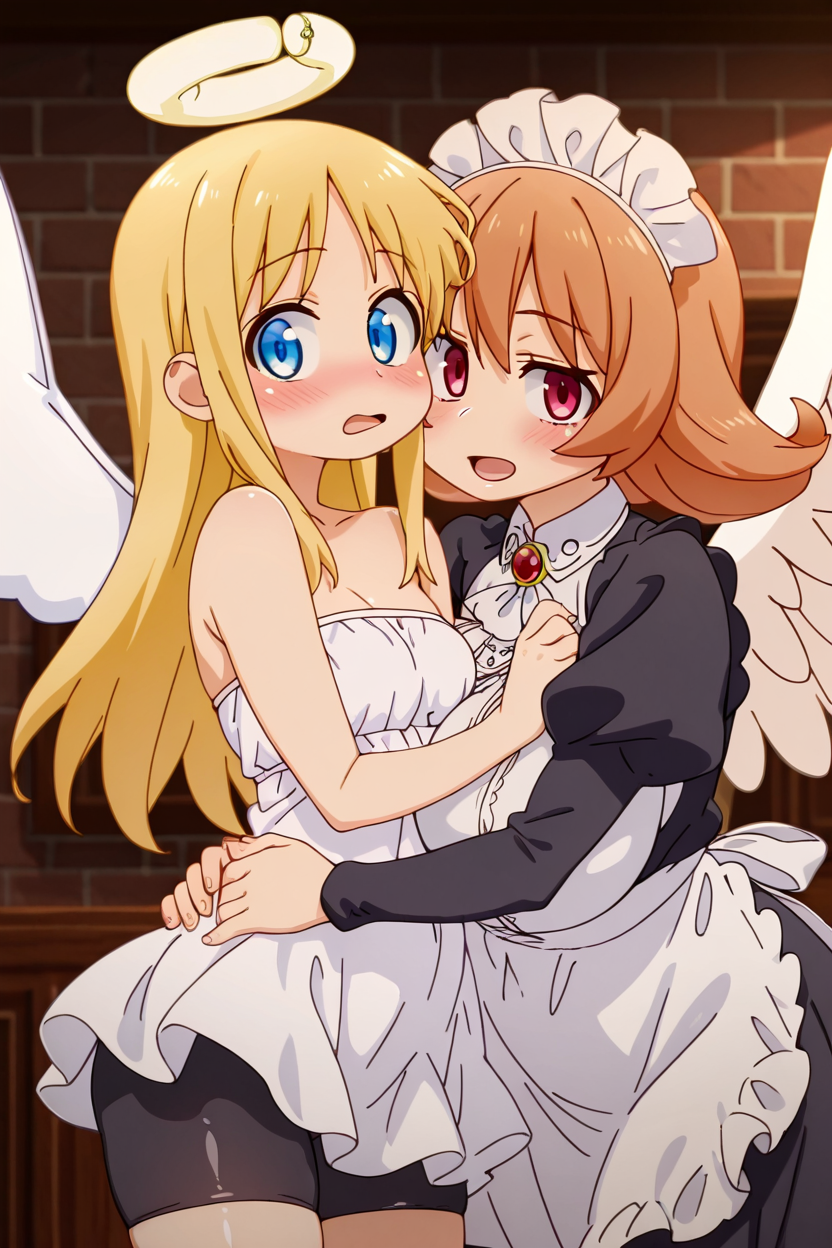 masterpiece, best quality, eyelashes, (beautiful eyes),    2girls, hug,  Meidri, bangs, large breasts, brown hair, long sleeves, dress, frills, wings, puffy sleeves, orange hair, apron, maid, maid headdress, juliet sleeves, monster girl, feathered wings, puffy long sleeves, white wings, flipped hair, harpy, Crimvael, solo, long hair, open mouth, blue eyes, blonde hair, dress, bare shoulders, wings, shorts, white dress, tree, strapless, halo, black shorts, bike shorts, strapless dress, angel wings, angel, shorts under dress,   blush, indoors, brick wall, blurry background,  ,cowboy shot, smile, looking at viewer,  <lora:Ishuzoku_Reviewers_IXL:1.0>,
