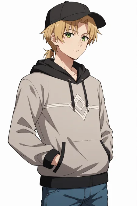 score_9, score_8_up, score_7_up, source_anime, 1boy, prefect lighting, very aesthetic, intricate details, highly detailed background, masterpiece, high quality, prefect hands, best quality, solo,
<lora:Rudeus_Greyrat_Mushoku_Tensei_V1:.85>, KJOrudy, parted bangs, blonde hair, green eyes, small ponytail, low ponytail, mole under eye,
cowboy shot, looking at viewer,
hoodie, hood down, baseball cap, jeans, hand in pocket,
white background, simple background,