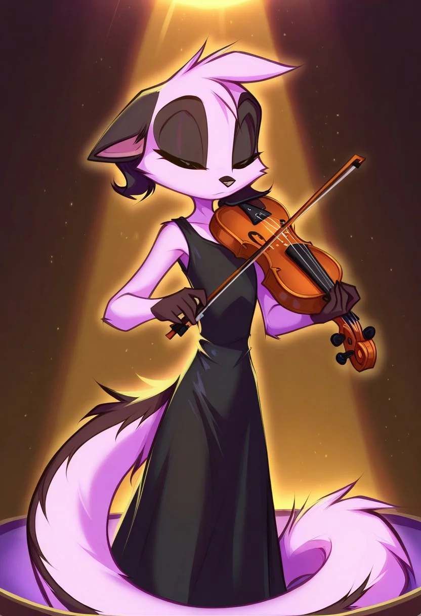 Dreamkeepers,1girl,Prelude_Vi,solo,furry,tail,source_furry,hazel eyes,
child,
masterpiece, best quality, newest, absurdres, highres, vibrant, highly detailed, very aesthetic, (violin, playing violin:1.4), beautiful, closed eyes, , black dress, spotlight, stage performance