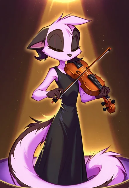 Dreamkeepers,1girl,Prelude_Vi,solo,furry,tail,source_furry,hazel eyes,
child,
masterpiece, best quality, newest, absurdres, highres, vibrant, highly detailed, very aesthetic, (violin, playing violin:1.4), beautiful, closed eyes, , black dress, spotlight, stage performance