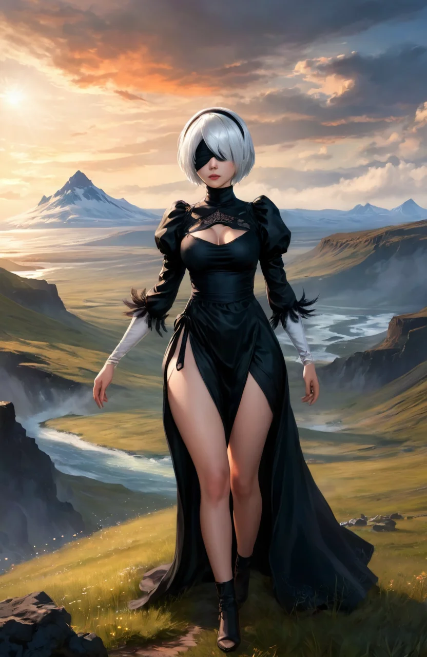 ethereal fantasy concept art of <lora:type2B_XL_0_:1>,type2b,covered_nipples,black_blindfold,black_hairband,black_dress,cleavage_cutout,white_hair,yorha_no._2_type_b,
1girl,(22yo:1.2),Seven headed body,full body,the landscape of iceland,, magnificent, celestial, ethereal, painterly, epic, majestic, magical, fantasy art, cover art, dreamy