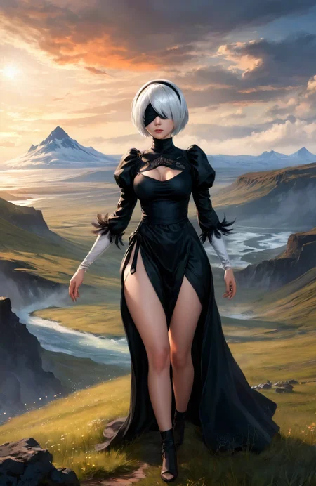 ethereal fantasy concept art of <lora:type2B_XL_0_:1>,type2b,covered_nipples,black_blindfold,black_hairband,black_dress,cleavage_cutout,white_hair,yorha_no._2_type_b,
1girl,(22yo:1.2),Seven headed body,full body,the landscape of iceland,, magnificent, celestial, ethereal, painterly, epic, majestic, magical, fantasy art, cover art, dreamy