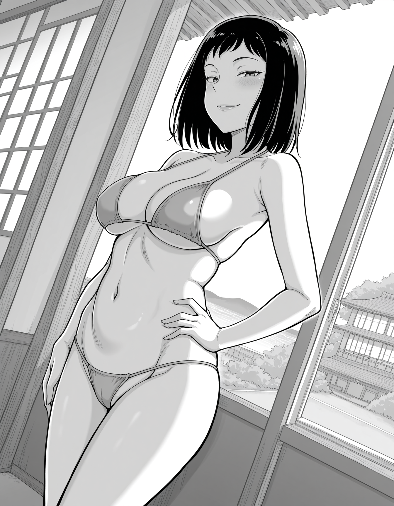 masterpiece, best quality, amazing quality, uncensored, monochrome, greyscale, <lora:Gouon_swa_manga_style:0.8>, g0u0n, 
1girl, medium hair, adult, looking at viewer, string bikini, string panties, black hair, seductive smile,
in summer, day, japanese hotel, window, standing, hand on own hip, dynamic_angle,