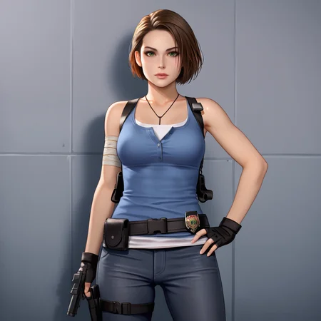 <lora:jillresidentevil3remake_pony_v1:.7>  JillValentineResidentEvil3Remake, 1girl, fingerless gloves, jill valentine, brown hair, short hair, tank top, pants, bandages, medium breasts, holster, jewelry, green eyes, belt, necklace, blood, denim, lips, black gloves, bare shoulders, cowboy shot