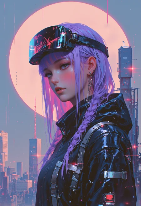 Female figure with long purple braided hair, low-angle shot, LED visor, night city backdrop with intense moonlight, colored spotlight effects, industrial atmosphere, ultra-detailed mechanical elements, sharp contrast lighting, technical surface details, dynamic angle, atmospheric haze, high-resolution rendering, photorealistic materials, <lora:models\Flux\detailed_flux_ntc:0.7>, <lora:models\Flux\FluxMythV2:0.8>, <lora:models\Flux\Glitchcore_Flux:0.85> gl1tchc0re,<lora:models\Flux\qiu_blue_000009500:0.8>,, illustration