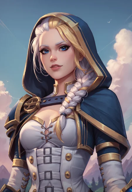 score_9, score_8_up, score_7_up, ultra quality, 1girl, jainaxl, blue eyes, hood, single braid, two-toned hair, white hair, yellow hair, shoulder armor, corset, sleeves, upper body, looking at viewer, outdoors, sky