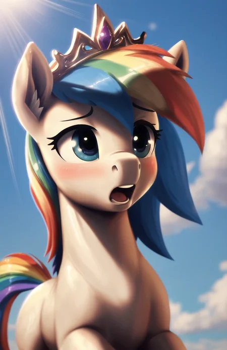 score_9,score_8_up,score_7_up,score_6_up,score_5_up,score_4_up,rating_safe,Rainbow Dash,((cute, little, furry pony, fur)),(high quality, detailed, beautiful),bright and adorable face,beautiful detailed eyes,tiara,sunlight,realistic,outstanding,shading,detailed soft lighting,ear fluff,vintage film photography,it's flying,4k,<lora:Pony_MLP_v1.5:1>,trixy