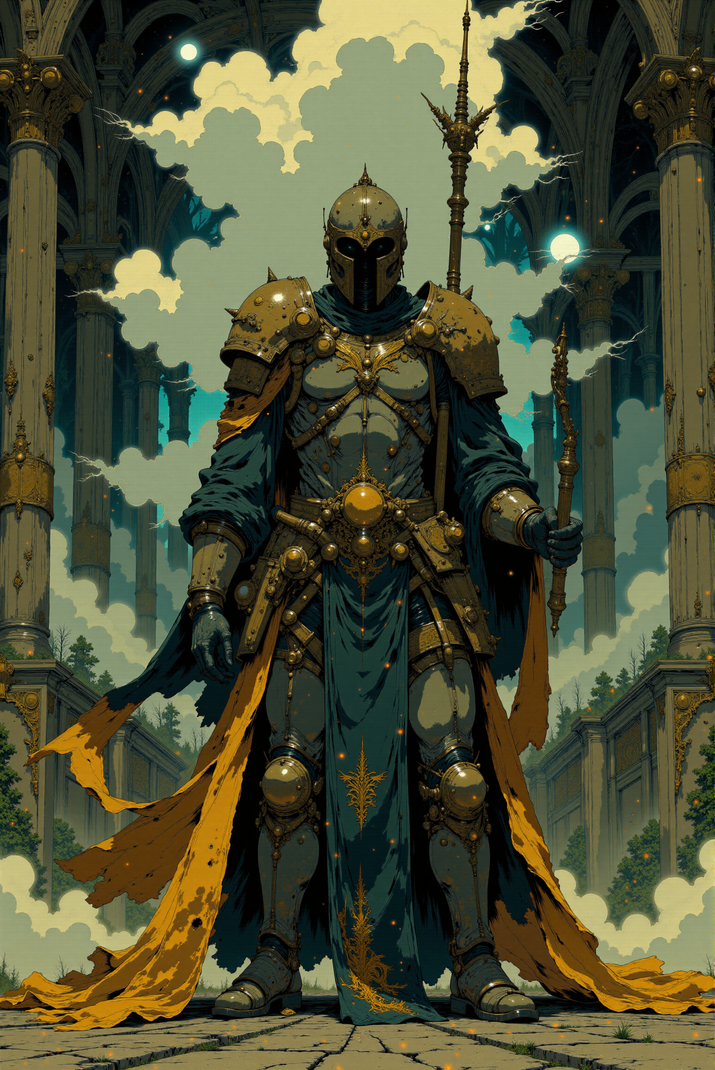 <lora:Fancha_style_v.5:0.90> Fancha style.  A majestic, imposing scene that appears to be a grand, ornate hallway or throne room. The central figure is a formidable warrior clad in elaborate, dark armor adorned with intricate golden patterns and an equally ornate, flowing, dark cape with a rich golden lining and elaborate designs. The warrior's helmet is futuristic yet medieval, blending elements of both, and they wear a dark, featureless visor. The warrior holds a tall, ornate staff topped with a stylized, ornate finial, from which puffs of ethereal, fluffy white mist or clouds emanate, giving an otherworldly feel.