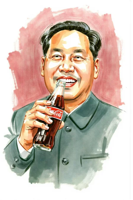 watercolor illustration.
Chairman Mao laughing and drinking a bottle of Coca Cola, <lora:watercolor.comic1_cap_d6a3:1.0><lora:830695457568265416:0>