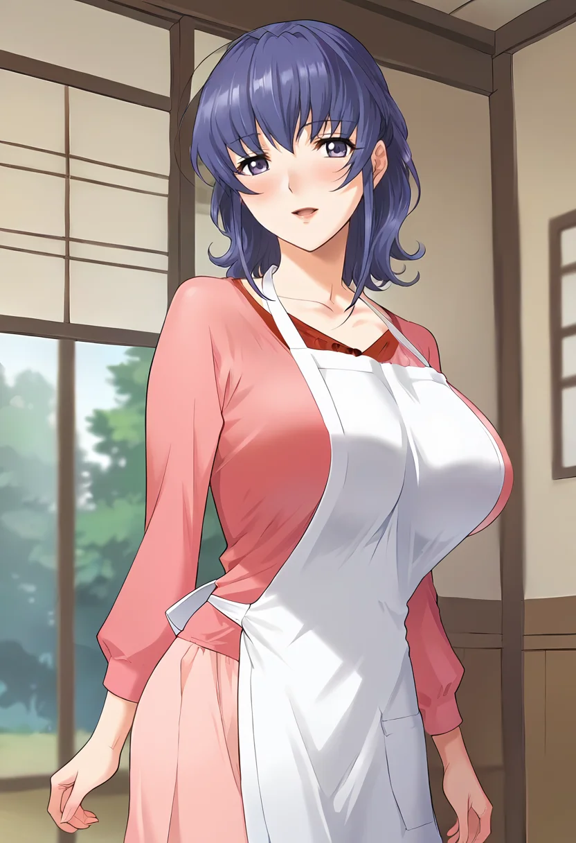 score_9, score_8_up, score_7_up, source_anime, masterpiece, 1girl, ct_haruka, blue hair, medium hair, large breasts, pink shirt, long sleeves, apron BREAK light pink long skirt, looking at viewer, indoors, japanese home, cowboy shot, <lora:HarukaOgihara_Pony_ct:1>