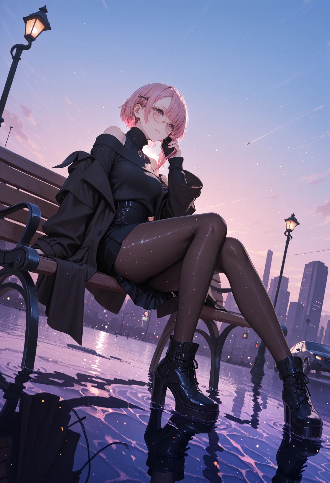 (LL-Illu, lifeline_(a384079959) absurdres highres 1girl bench black_footwear wading caustics science_fiction cyberpunk black_skirt black_sweater brown_coat bus car cloud coat dutch_angle glasses holographic_interface jewelry lamppost motor_vehicle off_shoulder outdoors pantyhose phone_booth pink_eyes pink_hair reflection ring round_eyewear scenery short_hair sitting skirt sky solo sweater)
absurdres, masterpiece, gradient, high_quality, newest, incredibly_absurdres, very_aesthetic, depth_of_field, grainy_texture, film_grain blender_\(artwork\), zbrush_\(artwork\), digital_painting_\(artwork\) light_particles, painterly, raytraced, blending, volumetric_lighting