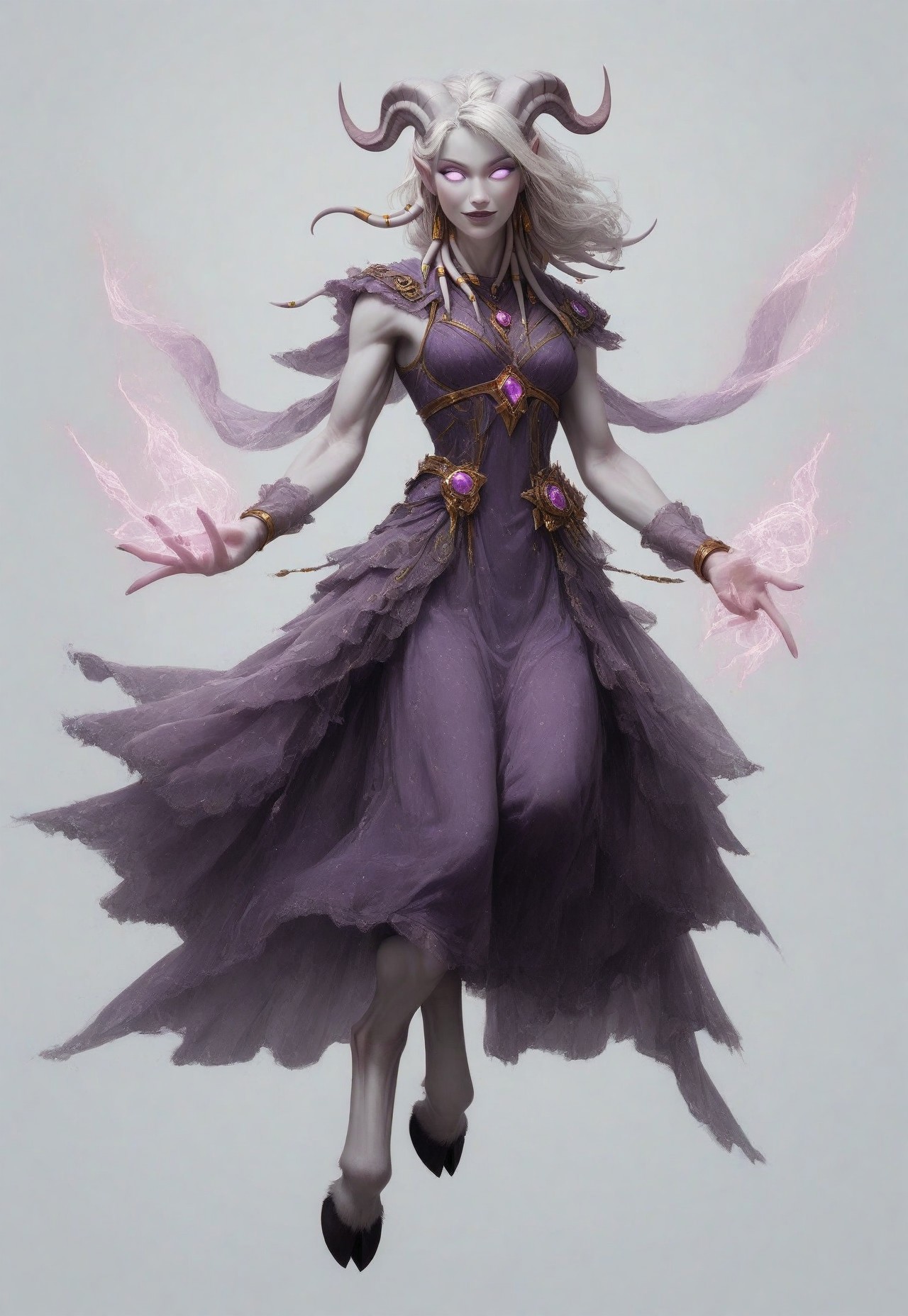 (absurdres, highres, best quality, masterpiece:1.4), 
score_9, score_8_up, score_7_up, score_6_up, 
detailed, 
detailed body, 
detailed face, 

(culDraenei, 
female, 
purple eyes, 
no sclera, 
no pupils, 
athletic, 
tall, 
slim, 
pale skin,
grey skin, 
long ears),

loose long purple dress,  
yellow pendant, 
sleeveless, 
magical spell, green aura, 

cheerful, 
(((full body))), 
posing, 
floating, 

(((white background, plain background))), 
(((no objects in background)))